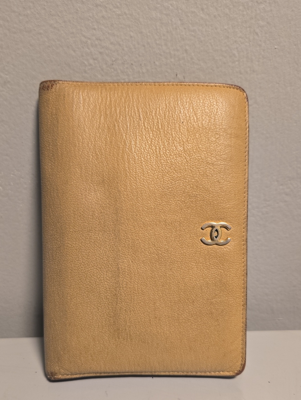 CHANEL Tan Leather Passport Holder Gold CC Emblem